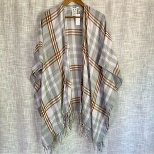 NWT Three Dots Louisa Plaid Gray Wrap Shawl Blanket Scarf Cashmere Wool Blend